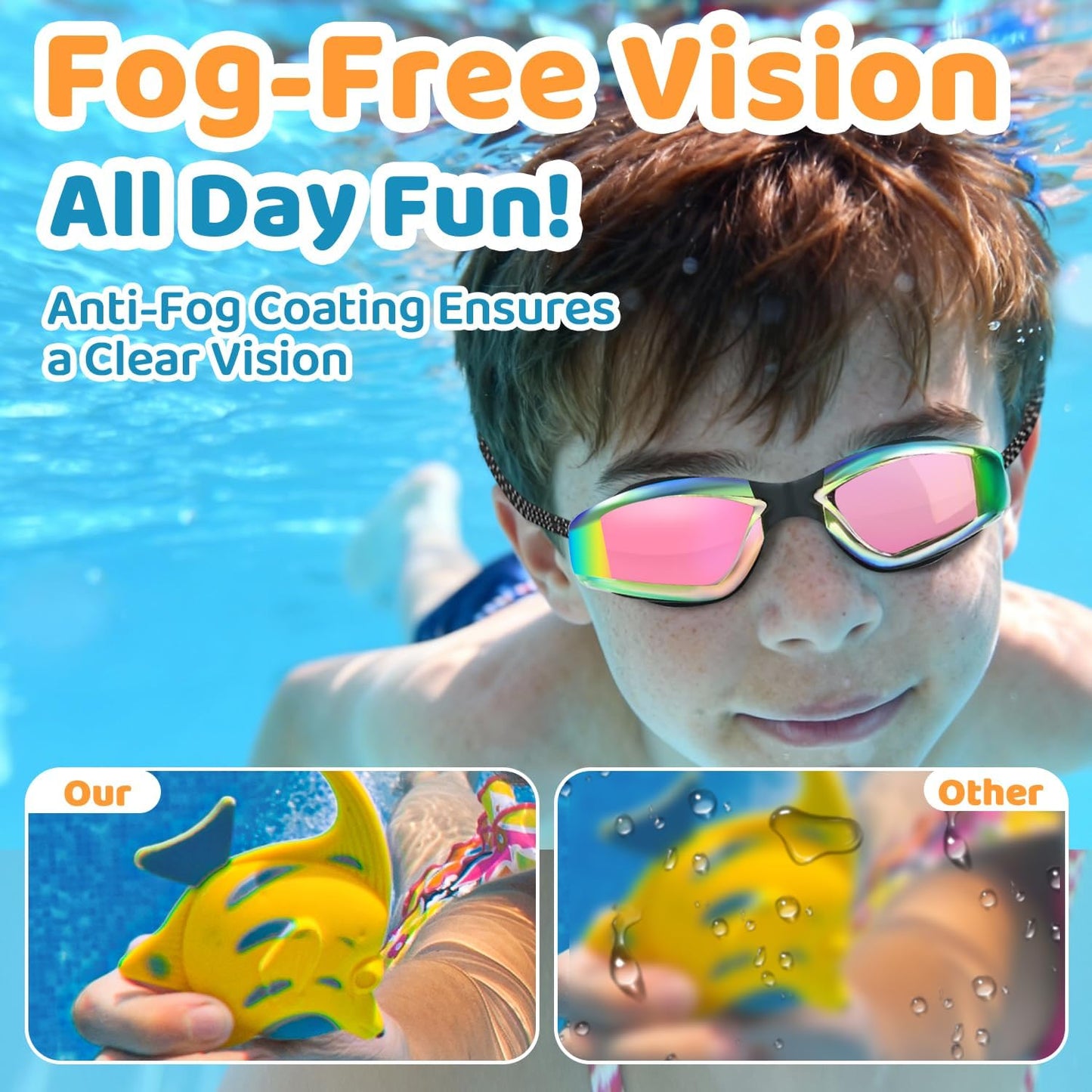 Vvinca Kids Swim Goggles - No Hair Pulling Design with Bungee Strap | 2-Pack for Ages 6-14