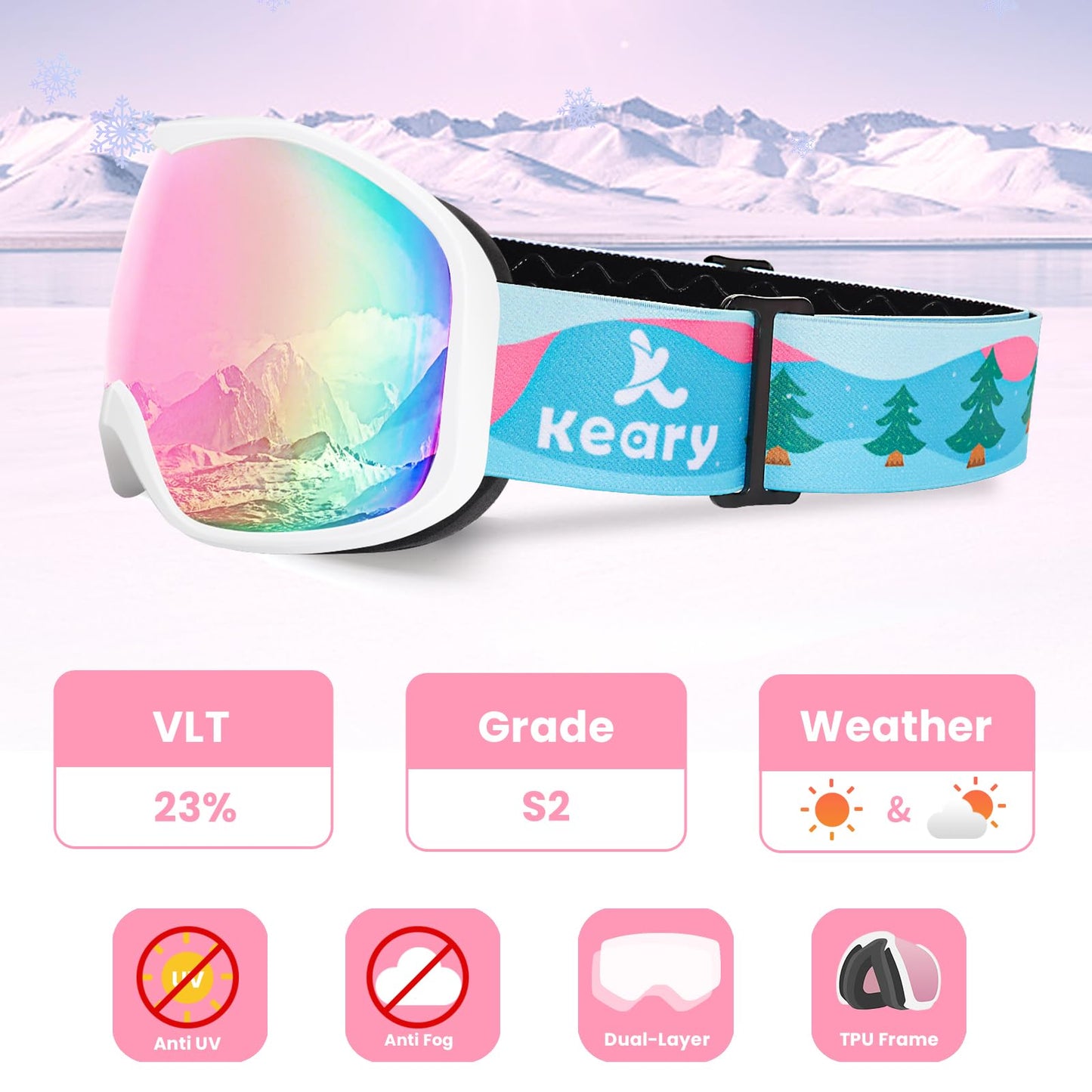 Keary Kids Ski Goggles for 3-14 6-14 Snowboard Goggles Snow Goggles Kids Toddler Boys Girls Youth Child Snowboarding Goggles UV Protection Anti-Fog Pink Winter Snow Sports with Helmet