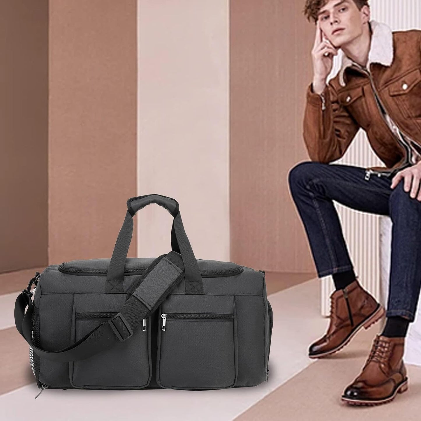 Seyfocnia Gym Weekender Bag - Travel Duffel with Wet Pocket & Shoe Compartment | Black