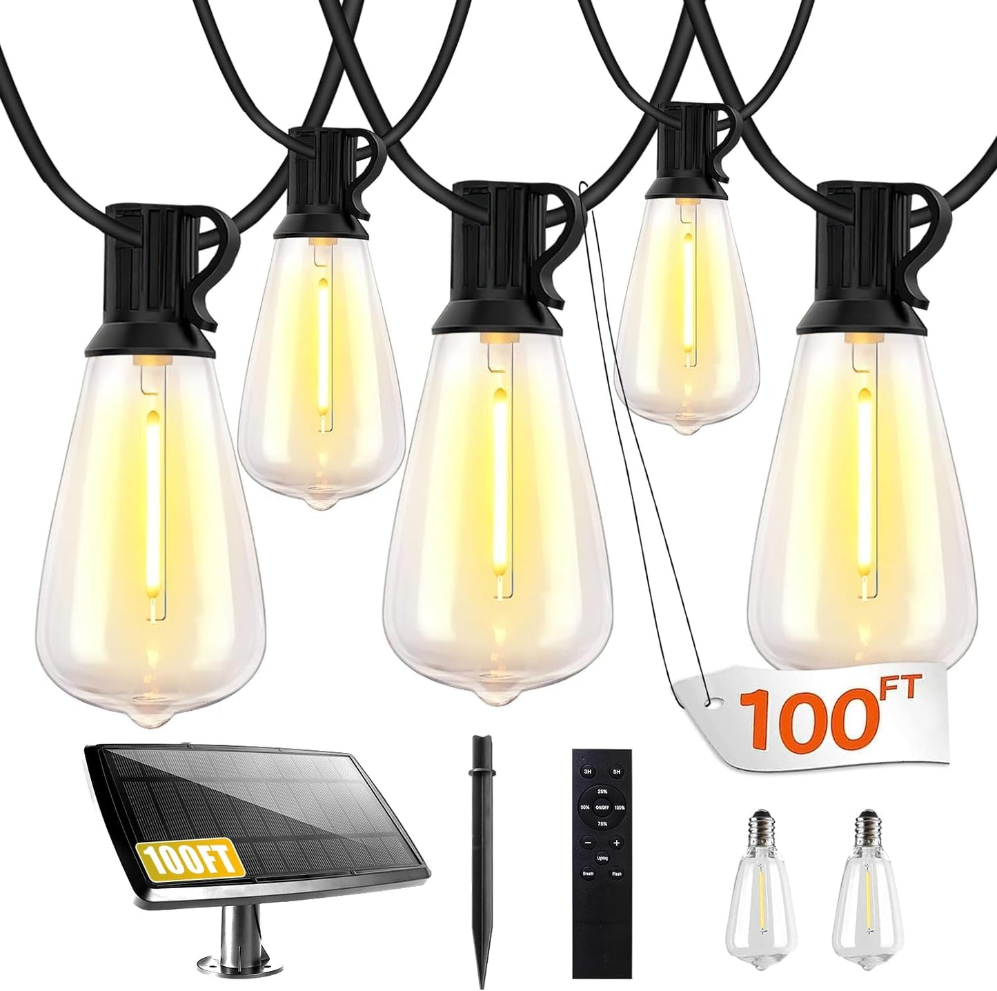 100FT Solar String Lights with Remote Control - Waterproof ST38 Edison Bulbs for Patio & Garden