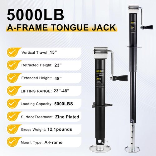 5000 lbs A-Frame Trailer Jack - Heavy Duty Side Wind Design with 15" Vertical Travel & Adjustable Drop Leg