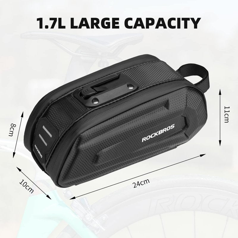 ROCKBROS Bicycle Saddle Bag Under Seat - 3D Hard Shell Bike Seat Bag With Silver Reflective Strip for Mountain Road Bikes, Quick Release 1.7L