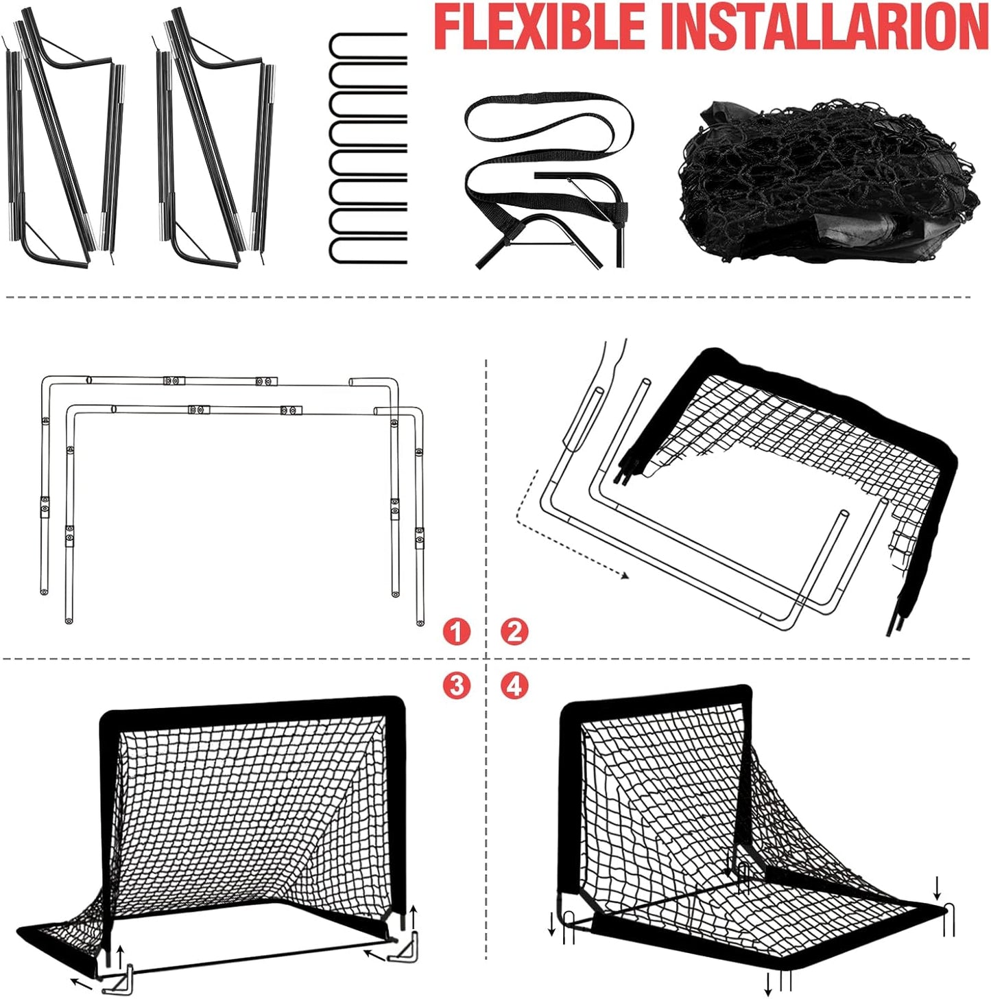 VAVOSPORT Soccer Goal Set - 2 Portable 6'x4' Kids Goals for Backyard Training | Includes Net, Ball & Cones