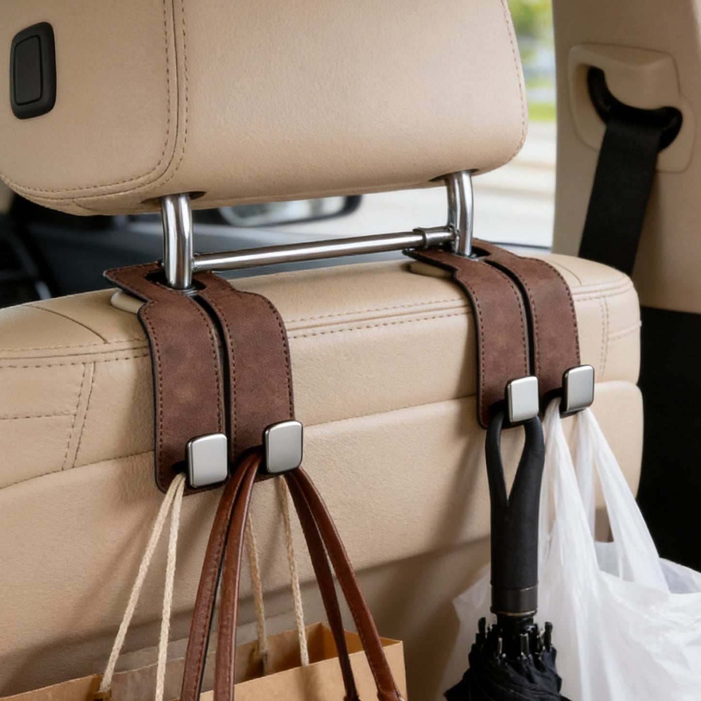 Jiexily Car Seat Headrest Hooks for Purses and Bags, 2026 New Car Purse Hook Seat Back Hanger Storage Organizer, Leather Purse Hook for Car (Black 2pcs)