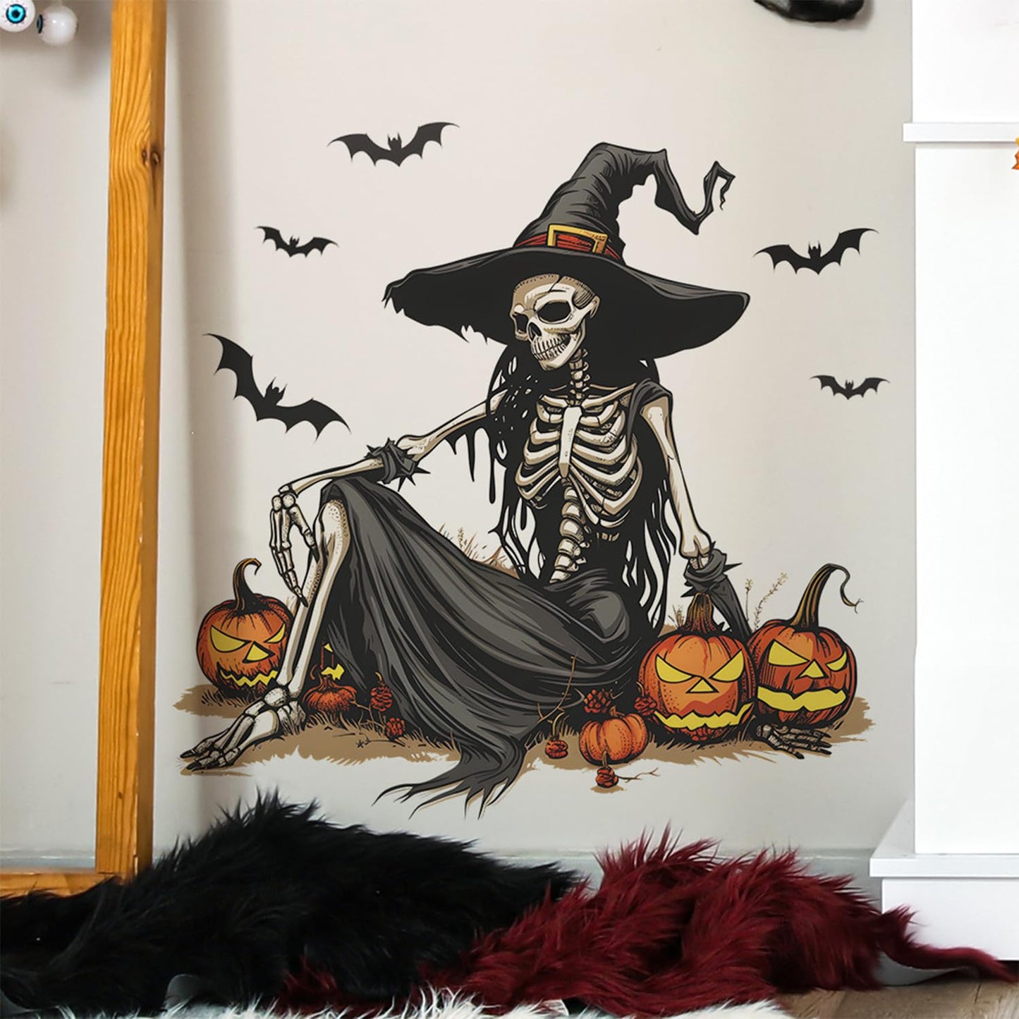 Horror Halloween Witch Skeleton Wall Stickers Decals Evil Bat Pumpkin Wall Clings Decoration for Halloween Party Home Office Classroom Wall DIY Wall Art Stickers Supplies