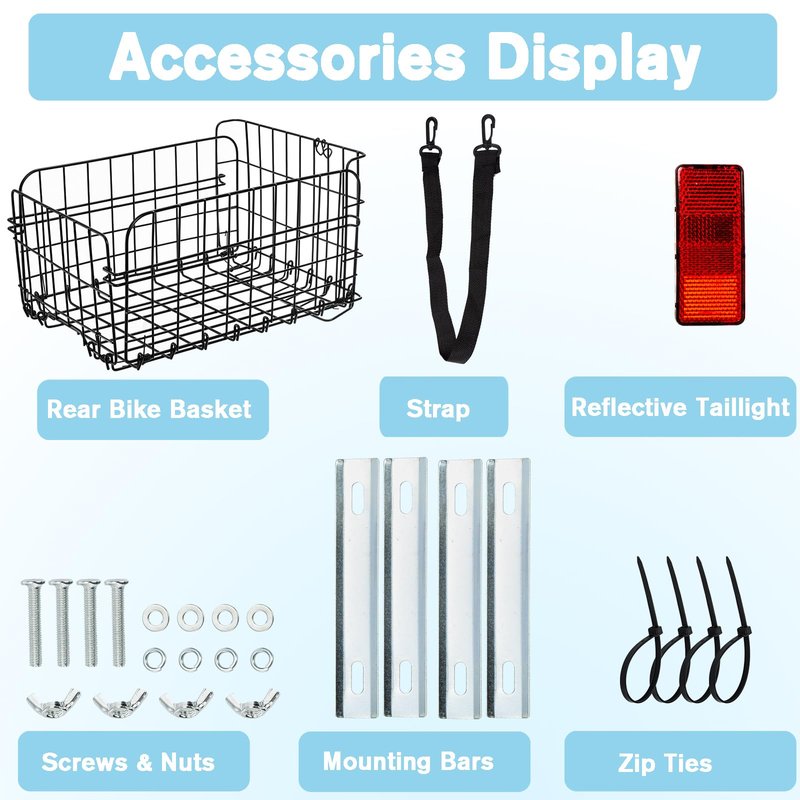 Suwimut Folding Rear Bike Basket, Quickly Release Metal Wire Bicycle Basket Cargo Rack with Strap & Reflective Tail Light for Most Mounted Bike Rack, Adult Women Men Carrying Dogs, Pets, Grocery