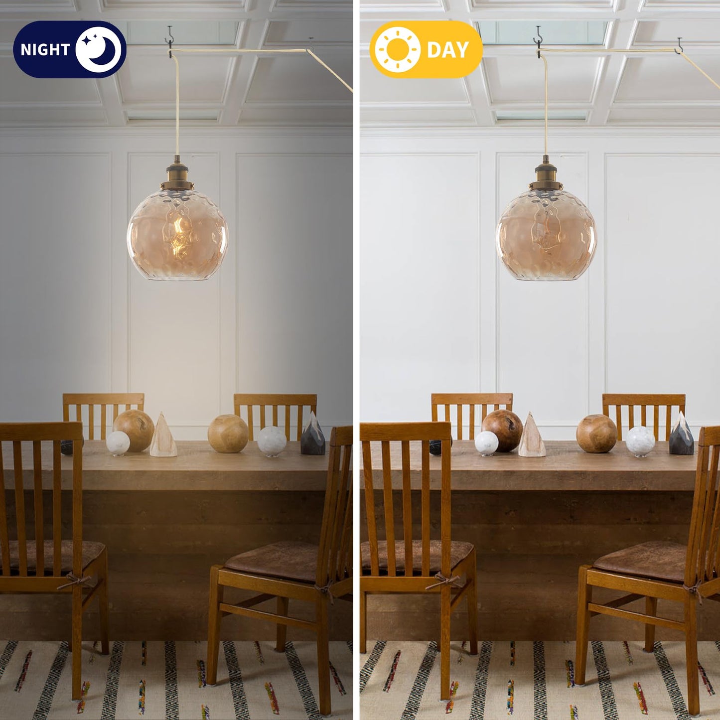 ETONIMERR Plug in Pendant Light, Amber Brown Glass Chandelier Hanging Light Fixture for Dining Room, Outdoor Pendant light with 15ft Cord and Dimmable Switch for Porch Gazebo Kitchen Island Livingroom