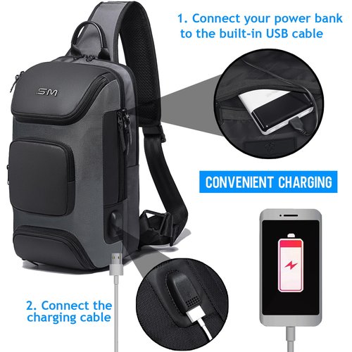 SMONT Sling Bag for Men, Chest Shoulder Bag with USB Charging Port Anti Theft Waterproof Grey