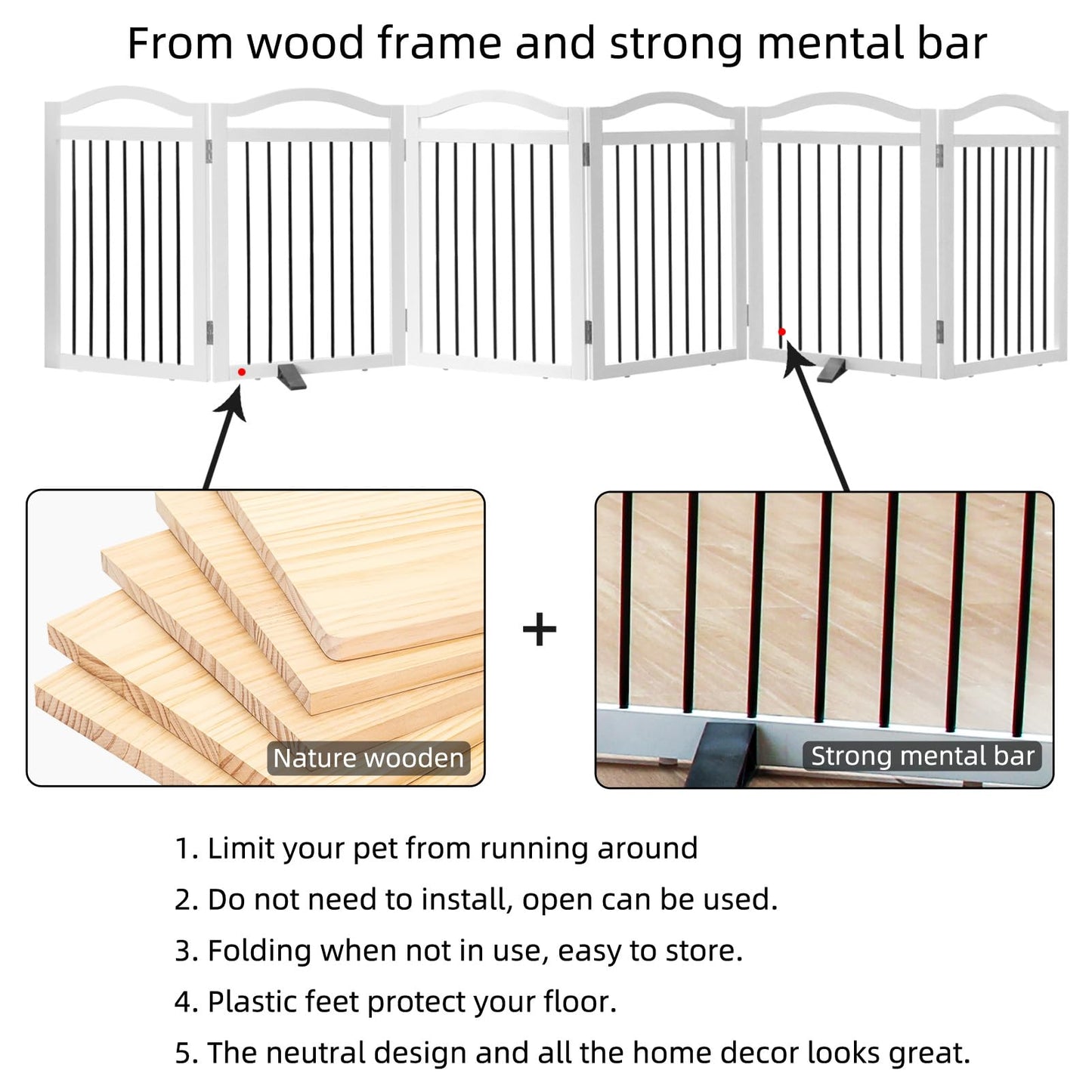 ZJSF Freestanding Foldable Dog Gate Indoor, Pet Gate for Doorways, Dog Fence for The House, Sturdy Wood Puppy Gate for Stairs, White Pet Gate with Support Feet for Hallways, 24 "Height-6 Panels