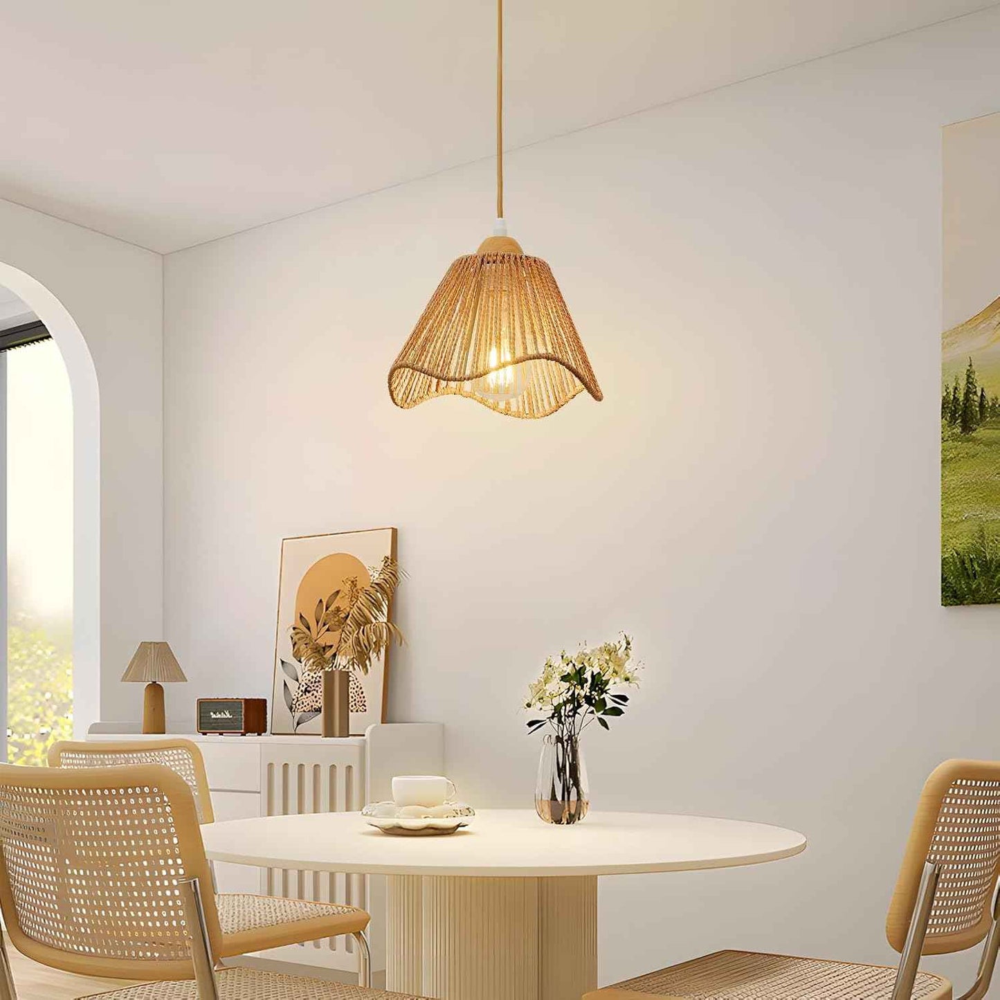 Rattan Chandelier Pendant Lights - 3 Pack Adjustable Height Boho Farmhouse Ceiling Fixtures for Kitchen & Dining Room