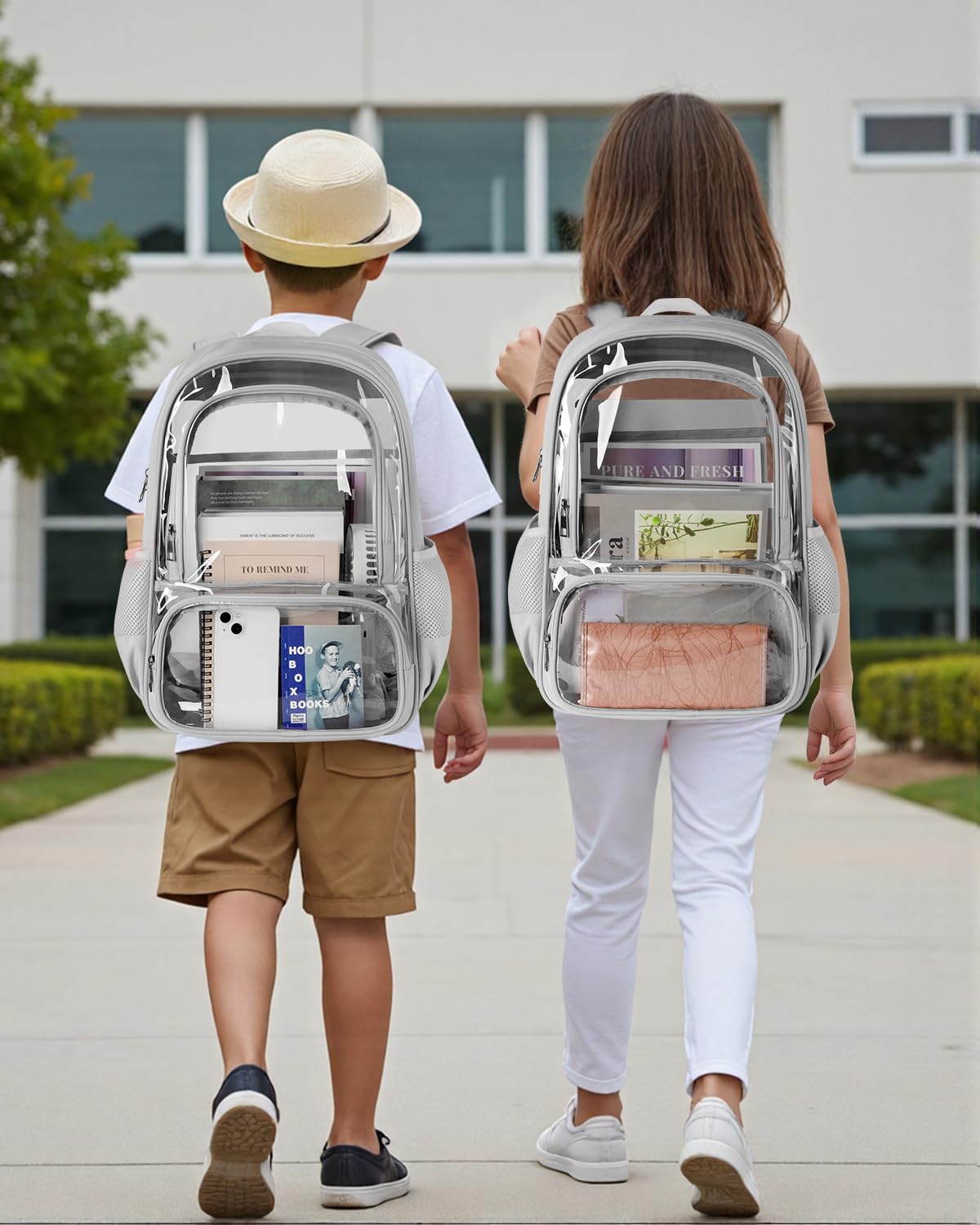 KIMNERPU Clear Backpack, Fabric & PVC Transparent Backpack with Reinforced Strap for Women Men, Heavy Duty Transparent Bookbag, Large Capacity Clear Bag, Travel, X-Large Grey