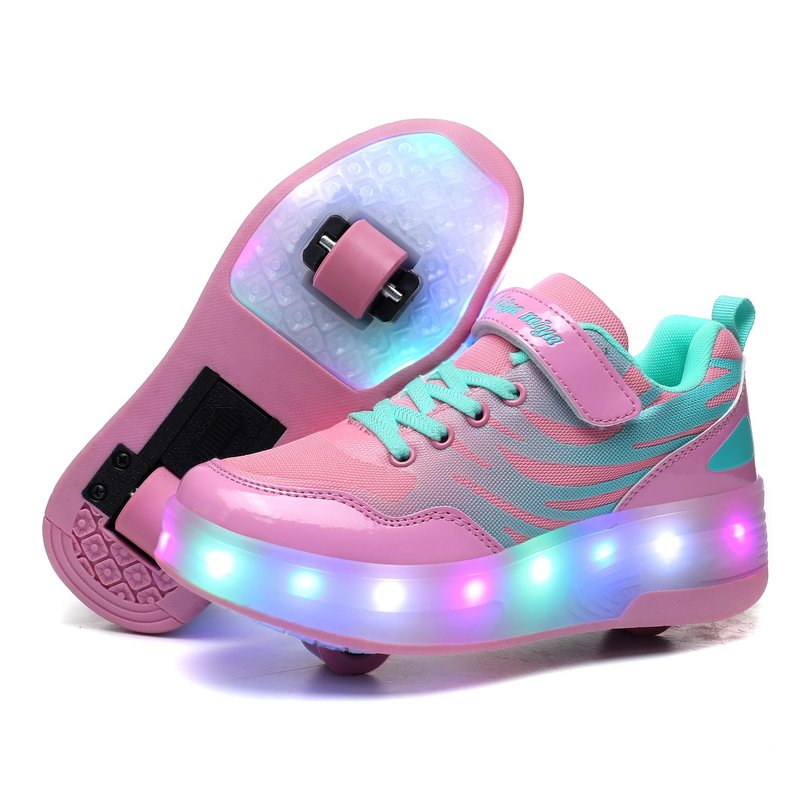 Wooowyet LED Roller Skate Shoes for Kids Boys Girls Light Up Fashion Sneakers Wheels Wheeled USB Rechargeable Hook&Loop Pink Little Kids Size 10