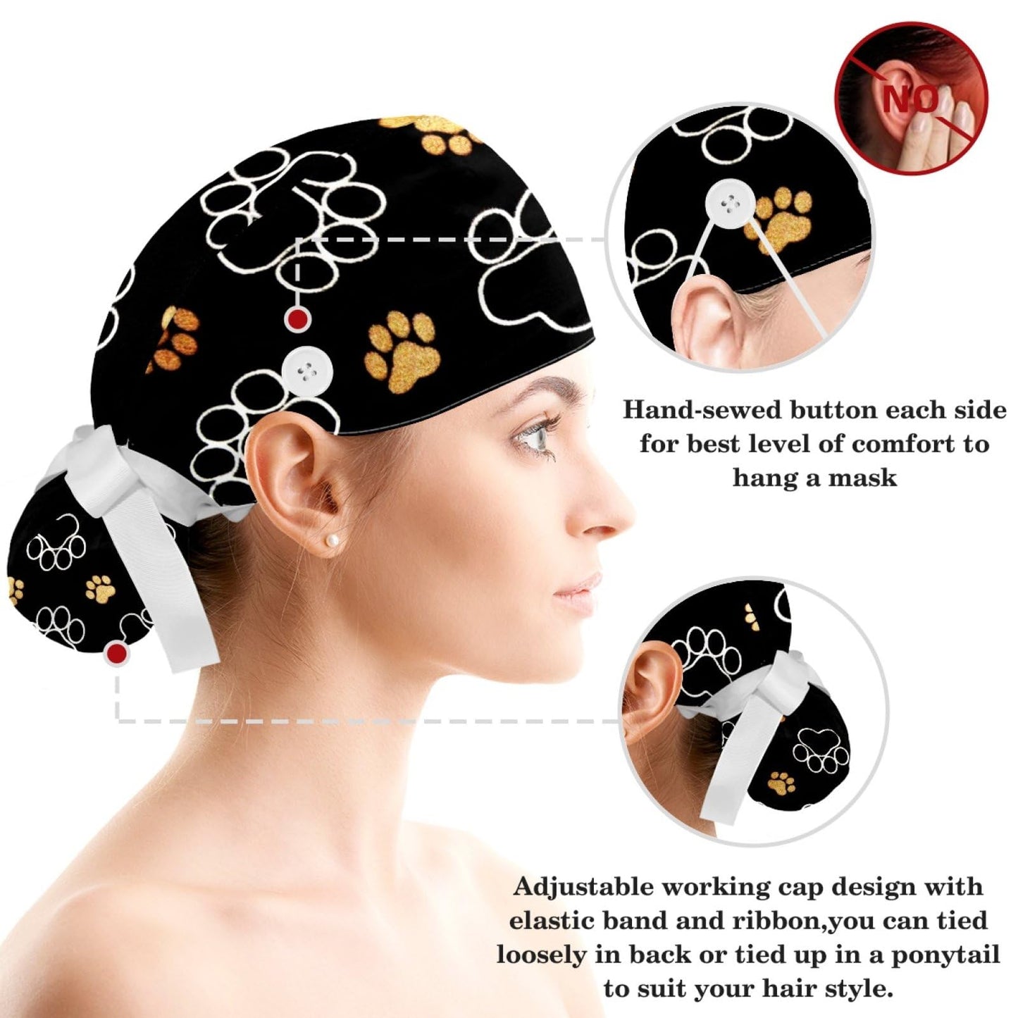 CHENZZZZ Dog Footprints Working Cap with Scrunchy and Ribbon Tie for Women, Long Hair