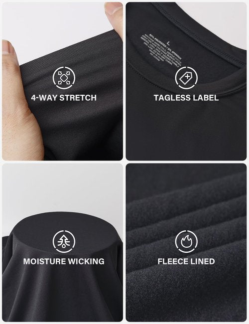 Arjen Kroos Thermal Underwear for Men, Fleece Lined Long Johns, Mens Thermals Top and Bottom Set, Base Layer Hunting Gear Winter Warm, Black, Large