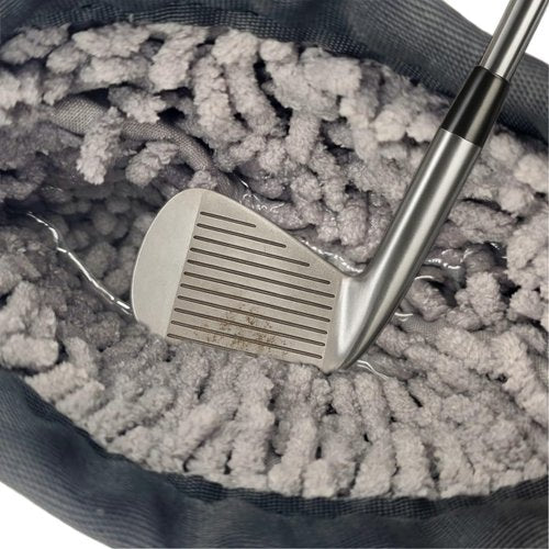 FAR&STRAIGHT Golf Club & Ball Cleaning Pouch – Soft Microfiber Interior for Gentle Cleaning – Clip-On, Washable Bag (Metallic Gray)