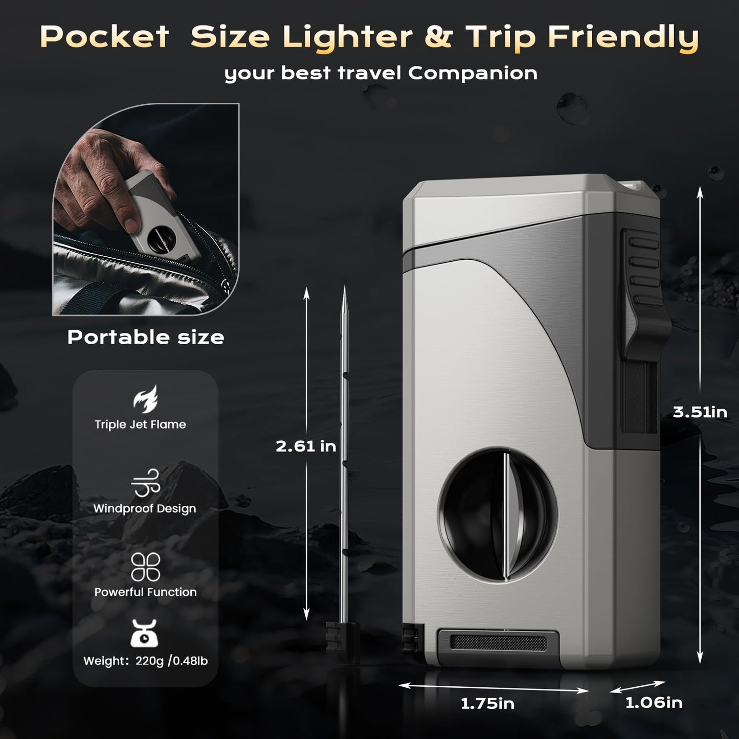 6-in-1 Torch Lighter, with Windproof Triple Jet Flame, V & Straight Cutter, Punch, Holder, Draw Enhancer Tool, Refillable Butane Lighter with Gift Box for Men, Multifunctional Accessories for Travel