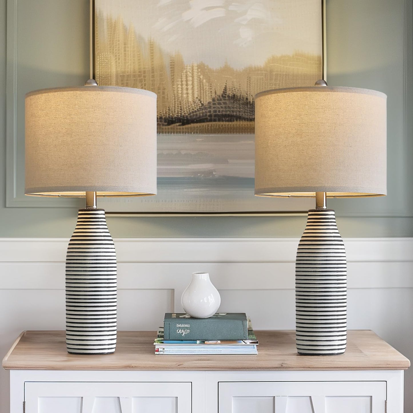 PORTRES 25" Ceramic Table Lamps Set of 2 Beside Lamps for Living Room Modern Bedroom Lamps for Night Stands with Rotary Switch Black and White Stripes