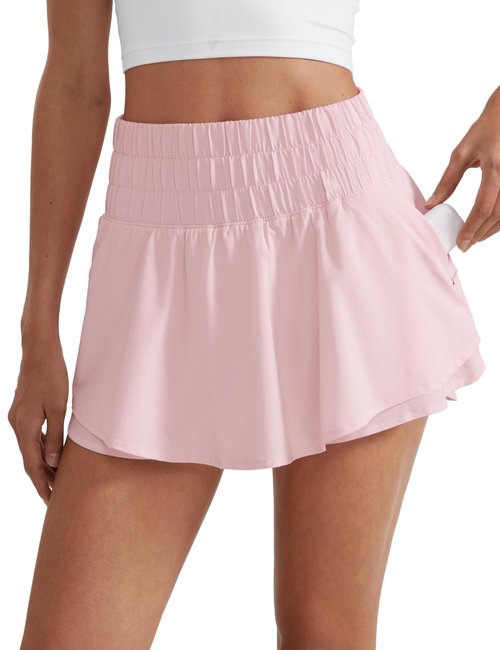 CRZ YOGA Ruffle Skirt Overlay Athletic Shorts for Women - High Waisted Flowy for Workout Running Tennis with Zip Pocket Strawberry Pink Medium