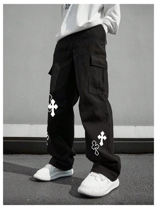 BEAUDRM Men's Cross Graphic Baggy Cargo Pants Drawstring Waist Wide Leg Sweatpants Streetwear Black Large