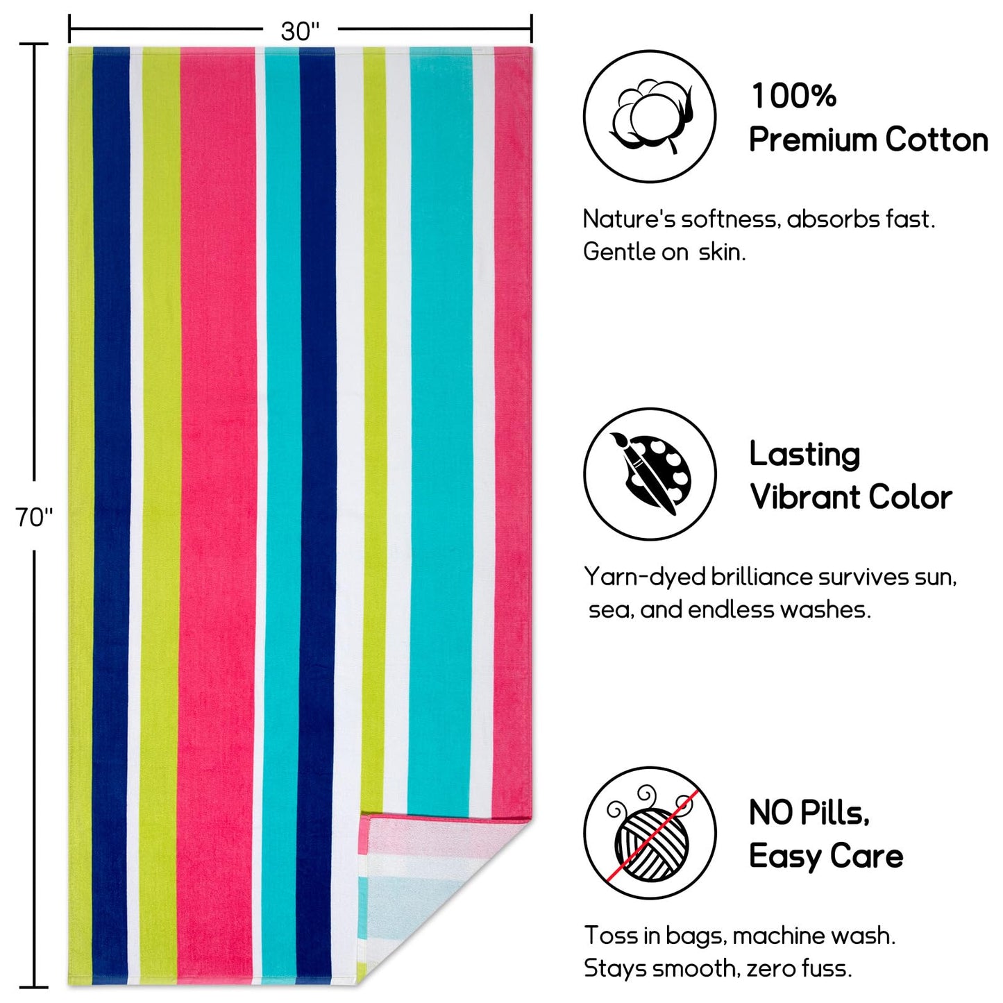 cabanana Large Beach Towel Oversized - Cotton Velour 35 x 70 Inch Rainbow Striped Terry Pool Towel, Cabana Soft Swimming Towel for Adults Women Men (Rainbow Pink)