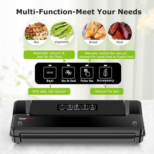 Bonsenkitchen Vacuum Sealer Machine - Compact Food Sealer for Meal Prep & Storage | 5 Bags, Black