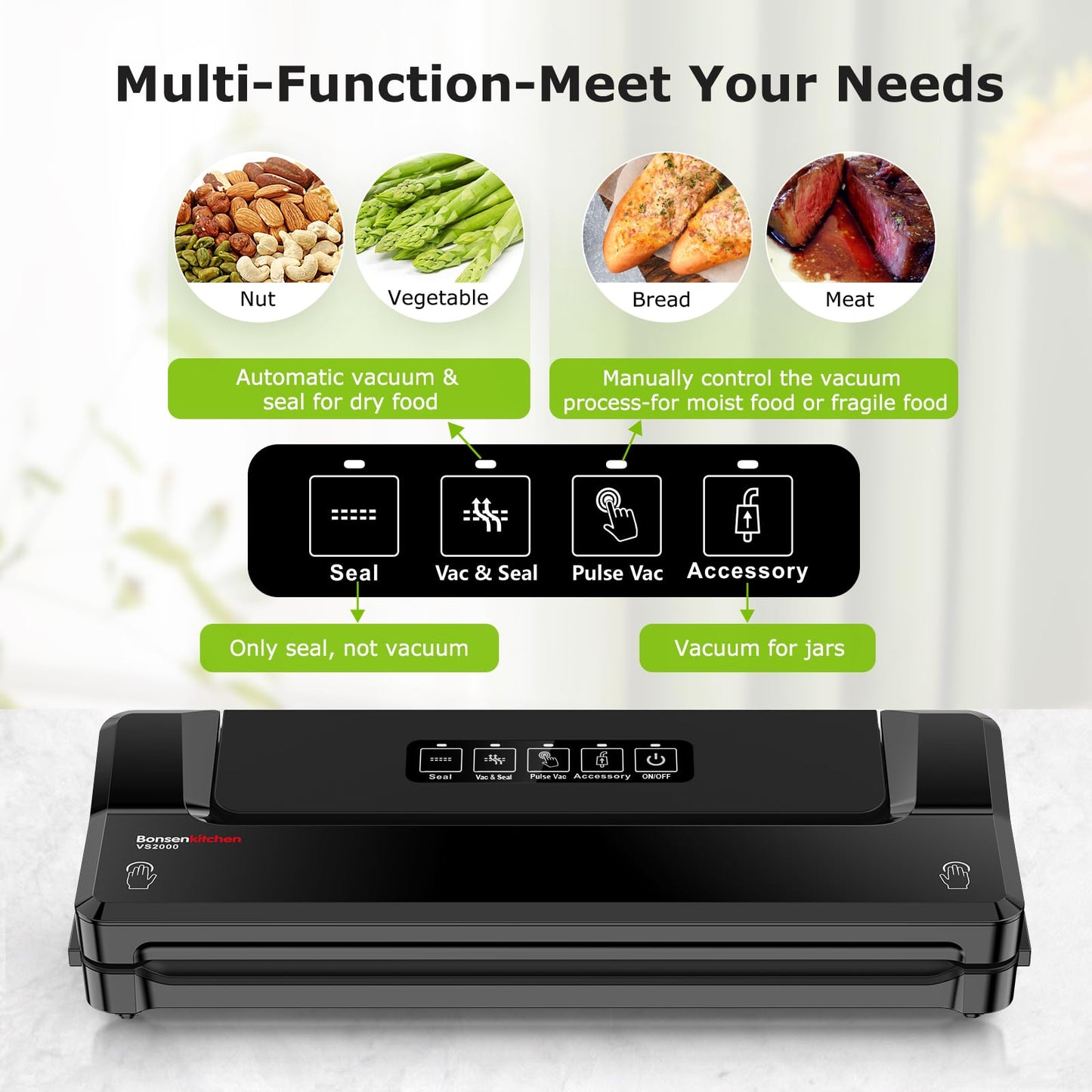 Bonsenkitchen Vacuum Sealer Machine with Bags | Compact Food Sealer for Kitchen Storage & Meal Prep | Multiple Modes | External Vacuum System