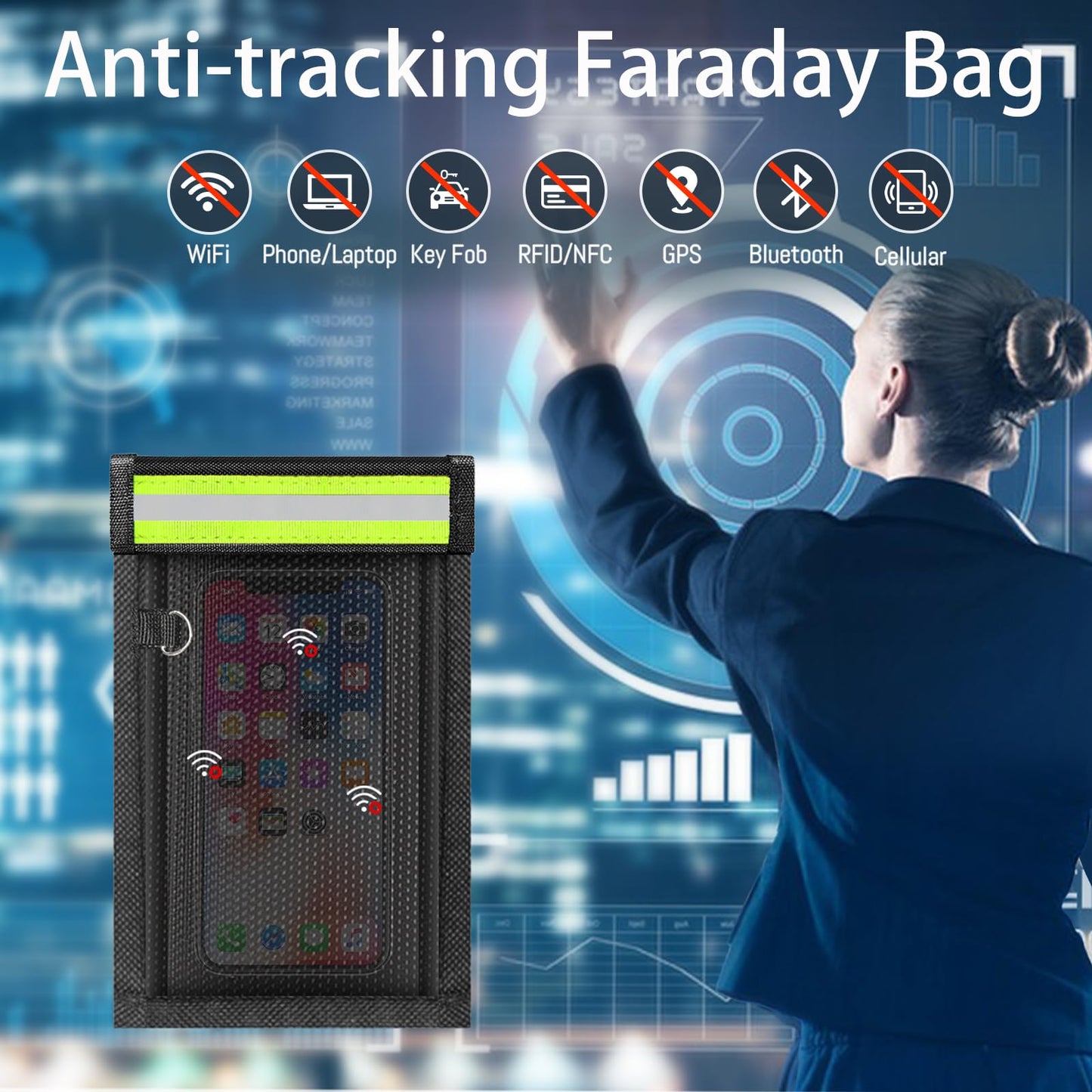 yaokvide 2 Pack Faraday Bags for Phones & Car Keys, Cell Phone Signal Blocking Pouch, Anti-Tracking Anti-Theft EMP Bag, Fireproof & Waterproof Faraday Key Fob Protector with Reflective Strip