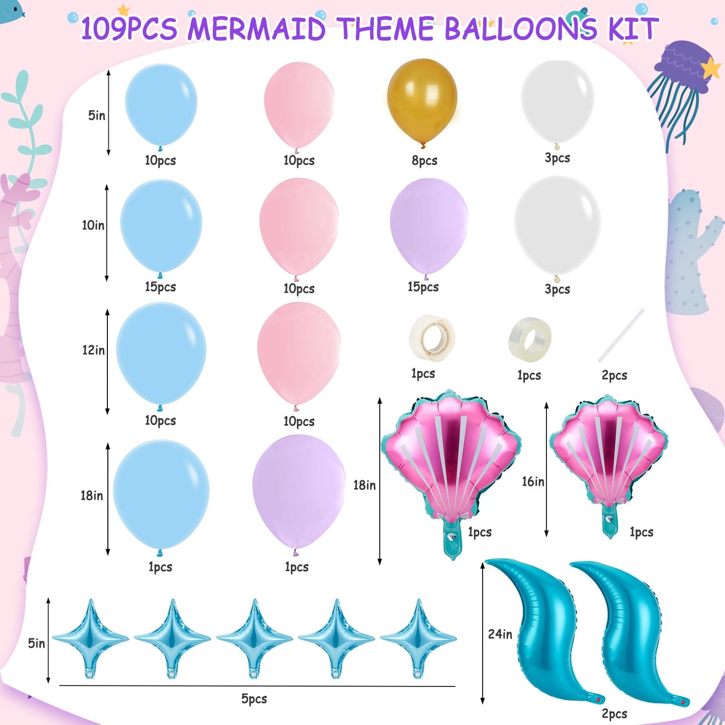 AGPTEK 109PCS Mermaid Balloon Garland Kit, Pastel Pink Purple Teal Blue Balloons with Mermaid Tail, Shell, and Star Foil Balloons, Perfect for Mermaid Birthday Party, Ocean-Themed Party Decorations