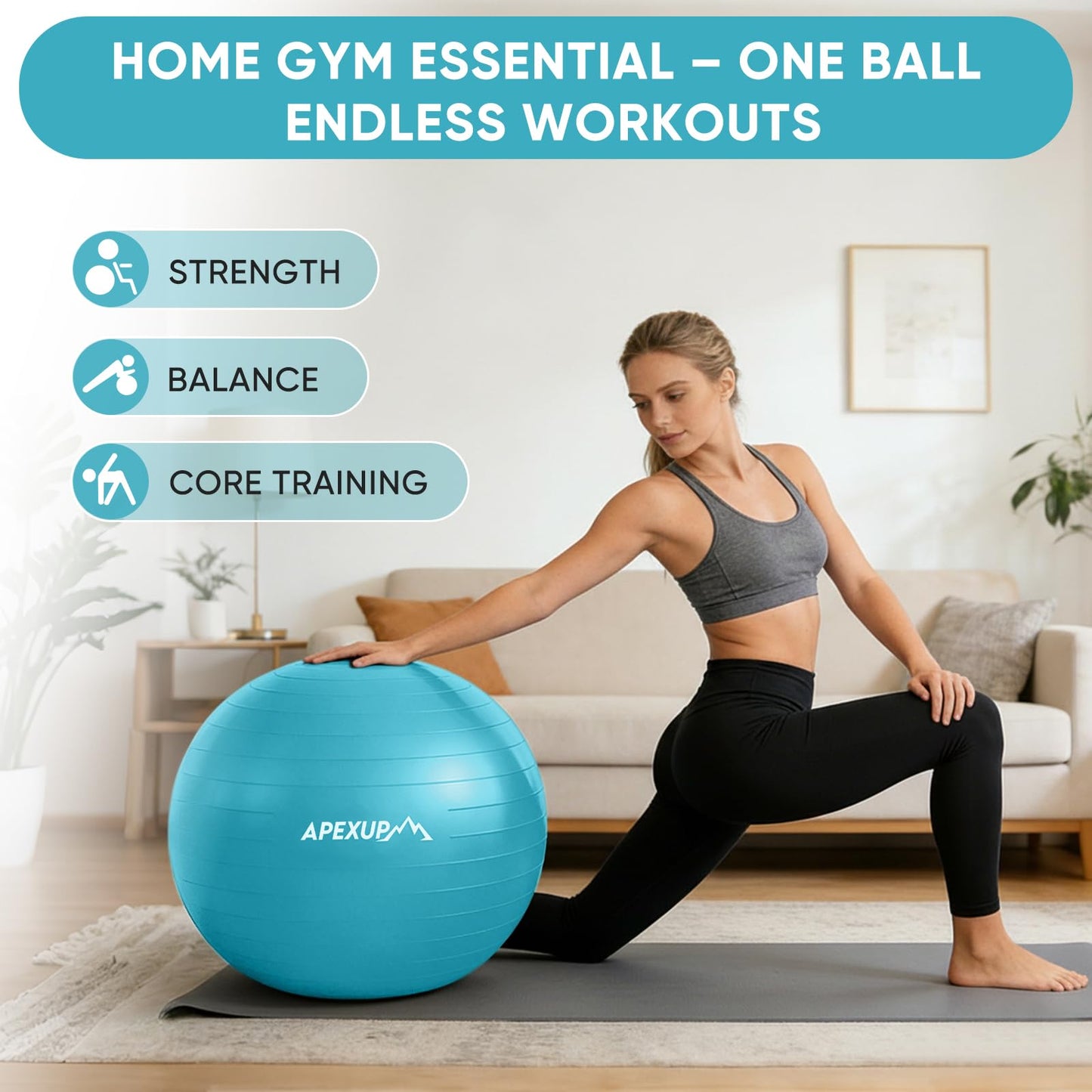 APEXUP Yoga Ball, 660 lbs Anti-Burst Exercise Ball with Pump, 5 Sizes (XXL(31"~34") 85cm, Light Blue)