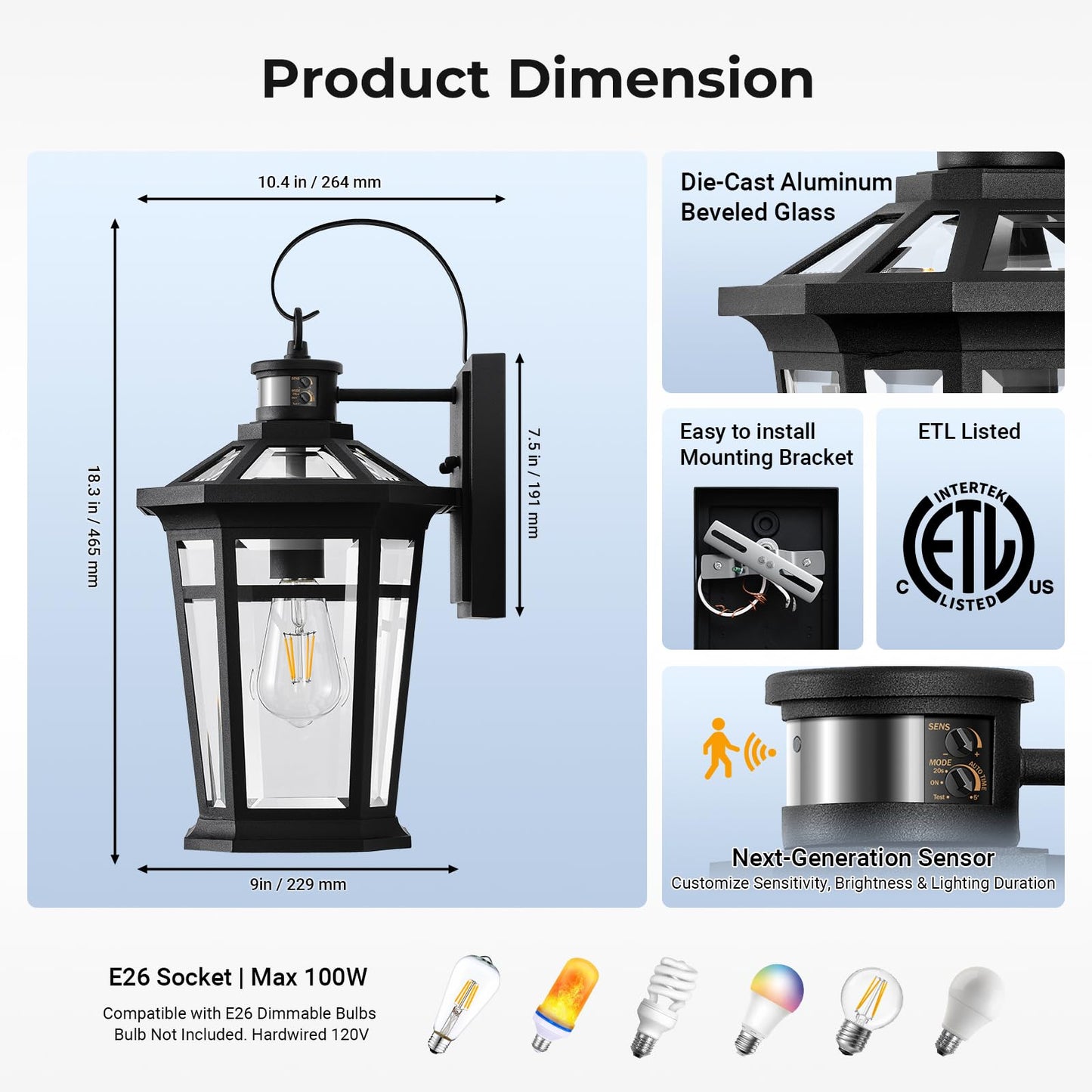 VIANIS Motion Sensor Outdoor Light fixtures Wall Mount, Large Anti-Rust Aluminum Outdoor Lantern, Black Waterproof Outside Wall Sconce for House, Modern Dusk to Dawn Exterior Lighting for Garage