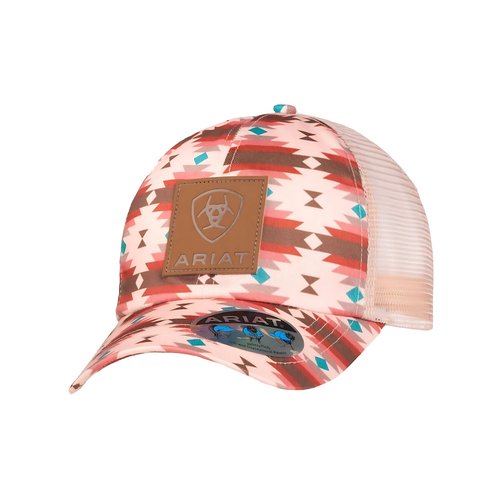 ARIAT Youth Girls Southwestern Print Leather Patch Ponytail Cap, Pink, One Size