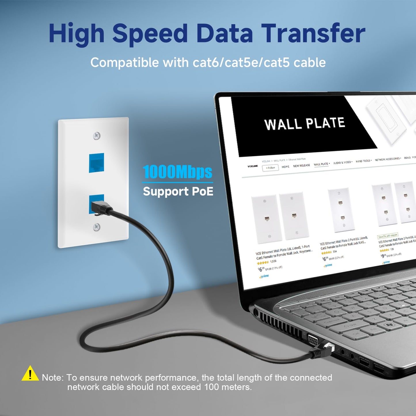 VCE 2-Port Ethernet Wall Plate (UL Listed), CAT6 Wall Plate and Jack, RJ45 Keystone Inline Coupler with Keystone Ethernet Outlet, Blue 2-Pack