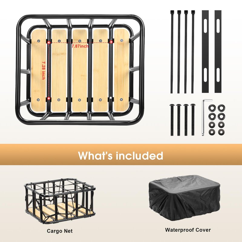 PIREKZUNT Bike Rear Basket with Waterproof Cover, Cargo Net, Wooden Base, 13.8"X11.8"X6.7" Heavy Duty Metal Ebike Rear Basket