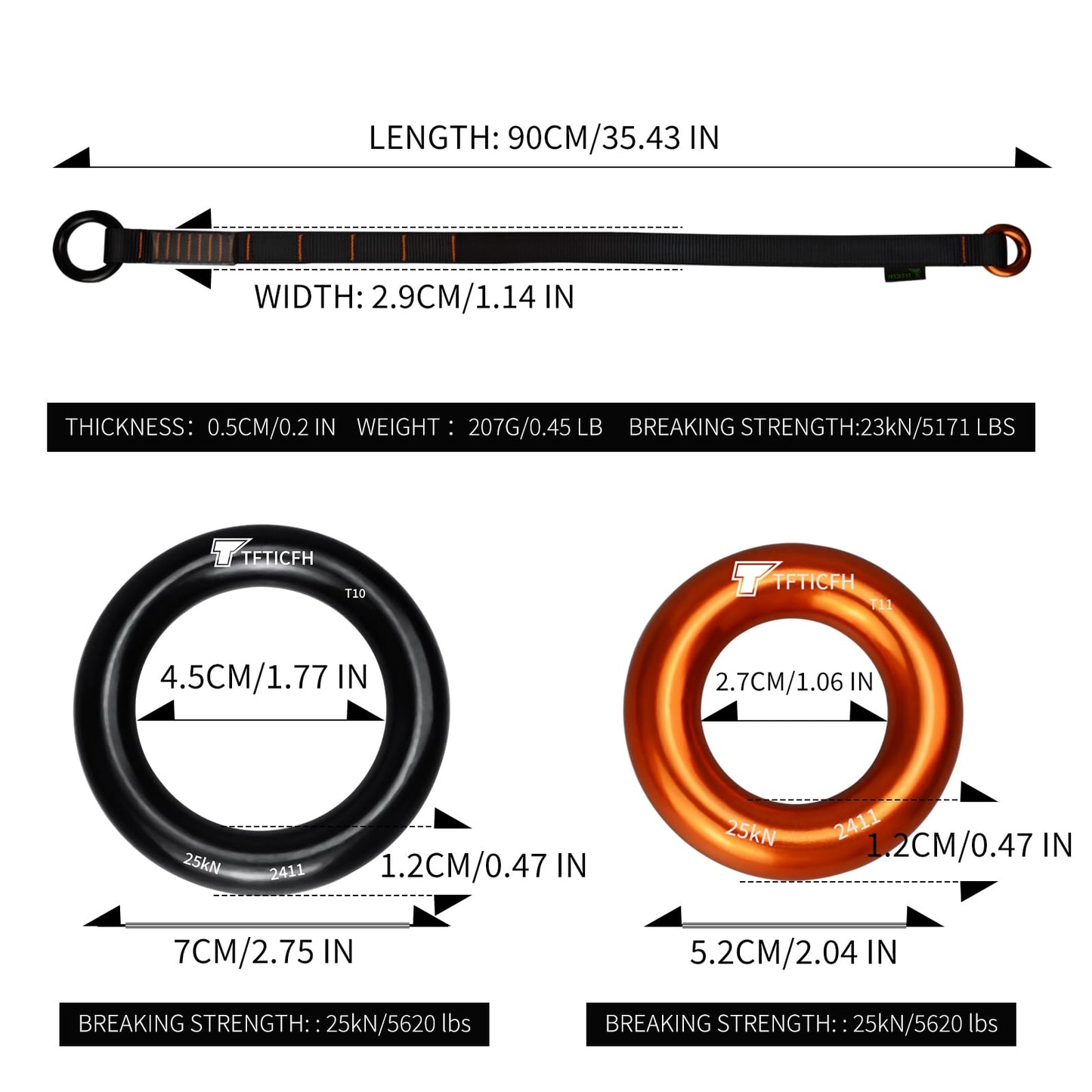 TFTICFH Friction Saver, 23kN Cambium Saver Retrievable Anchor, Climbing Rope Loop Belt Sling with Two 25kN Aluminum Rings for Arborist Tree Climbing Rappeling, 35.4 in, 90cm, Black