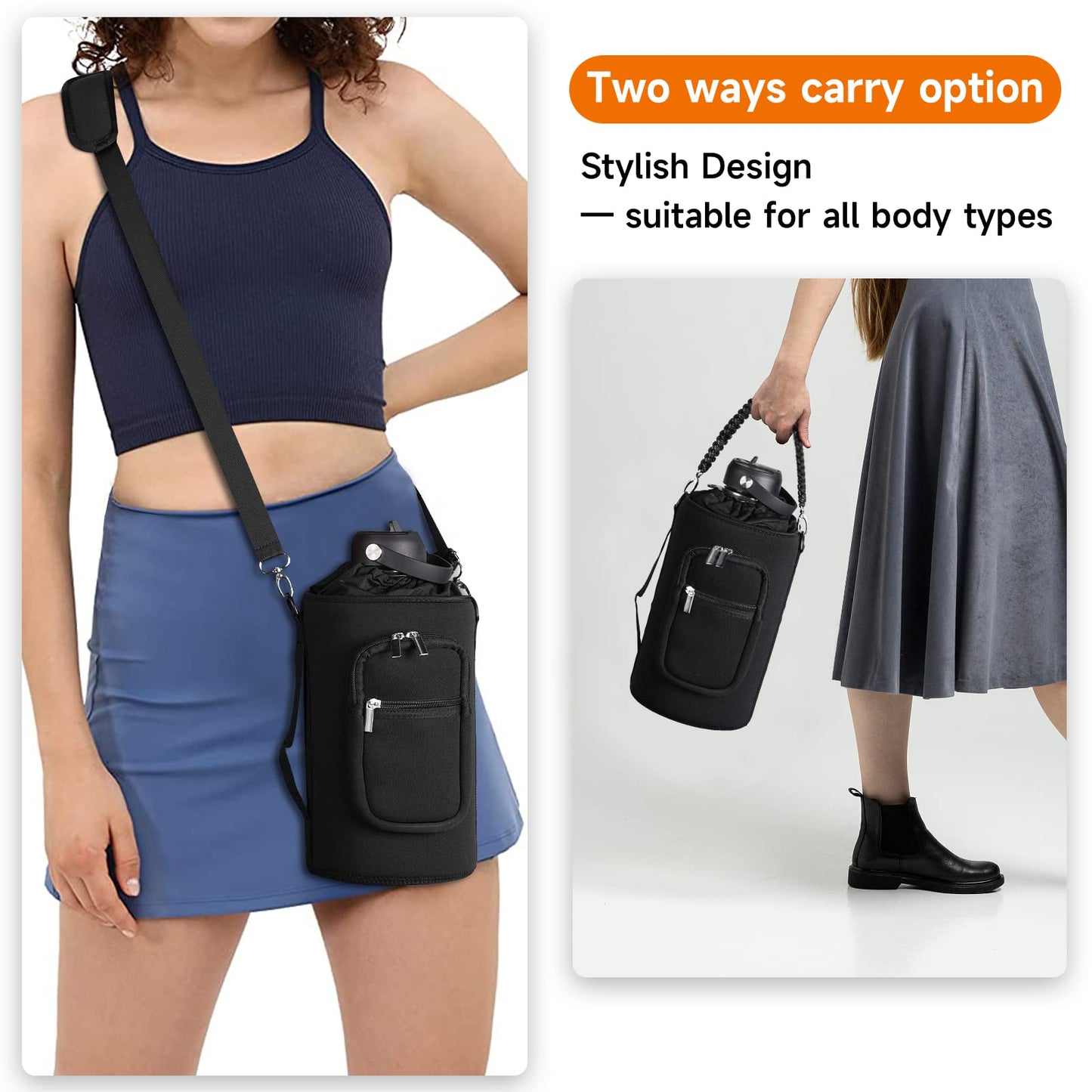 AceTreker 64 oz /87 oz/128 oz Neoprene Water Bottle Sleeve for Insulated Metal Water Jug Bottles, Carrier Sling Bag with Adjustable Shoulder Strap & Paracord Handle and 2 Pocket for Walking-Black