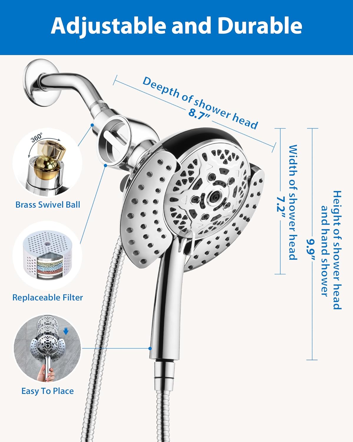 2.5GPM 7.2" Rainfall & Handheld Shower Head Combo with 60" Stainless Steel Hose
