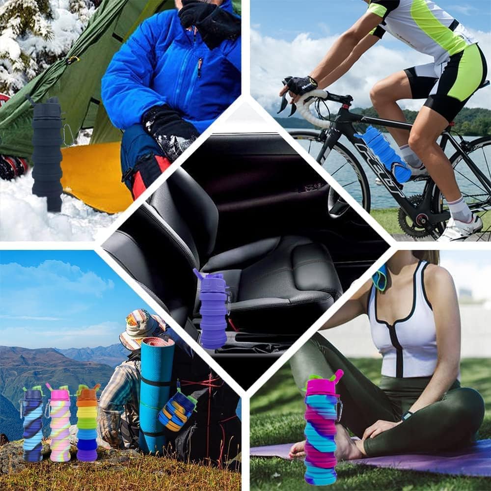 Skiennix Collapsible Water Bottles - 2 Pack Silicone Design with Carabiner | 500ml Portable for Travel & Camping (Black & Blue)