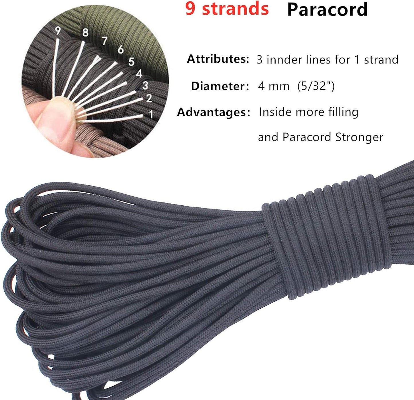 Paracord 9 Core 550 Parachute Cord - Durable Camping Rope, 100FT in Black
