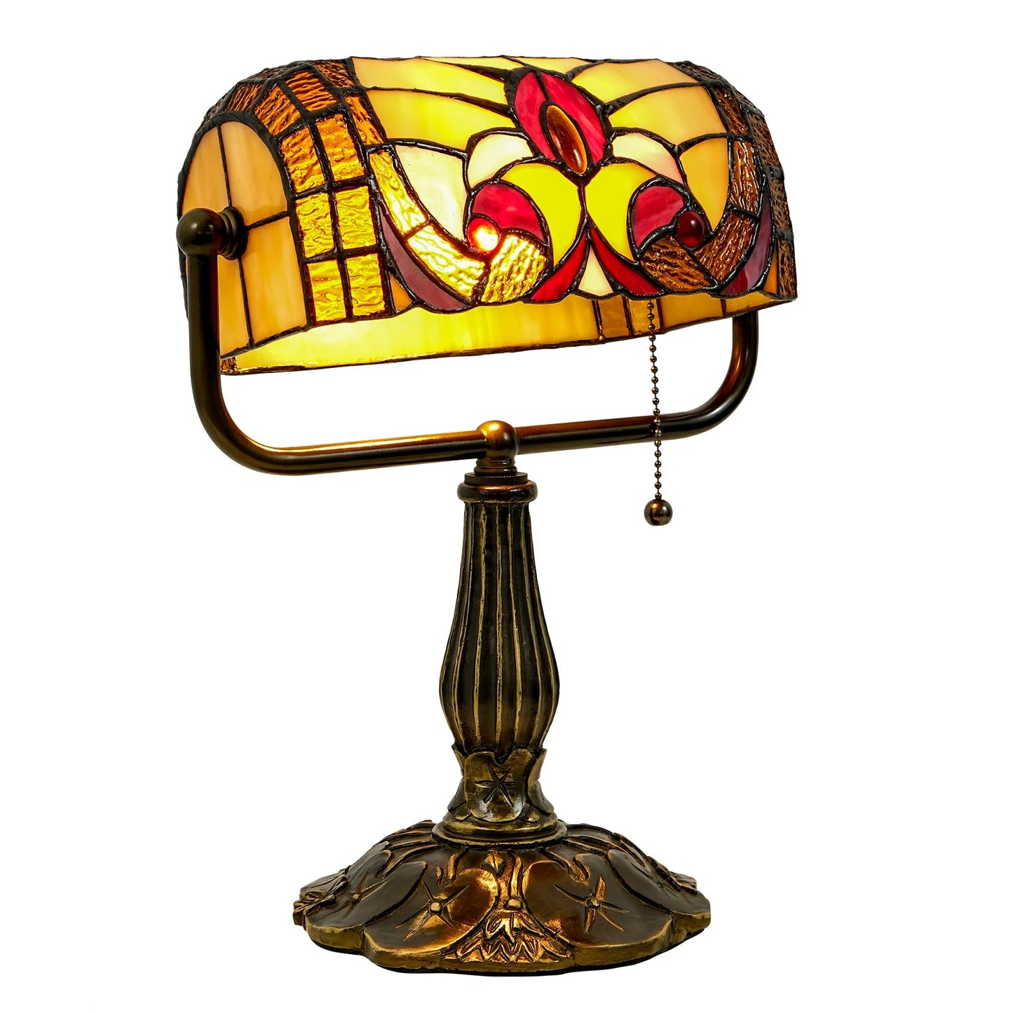 Tiffany Style Bankers Lamp - Stained Glass Desk Lamps with Baroque Design & Pull Chain, Vintage Table Lamp Bankers Desk Light for Office Bedroom Nightstand Living Room LED Bulb Included