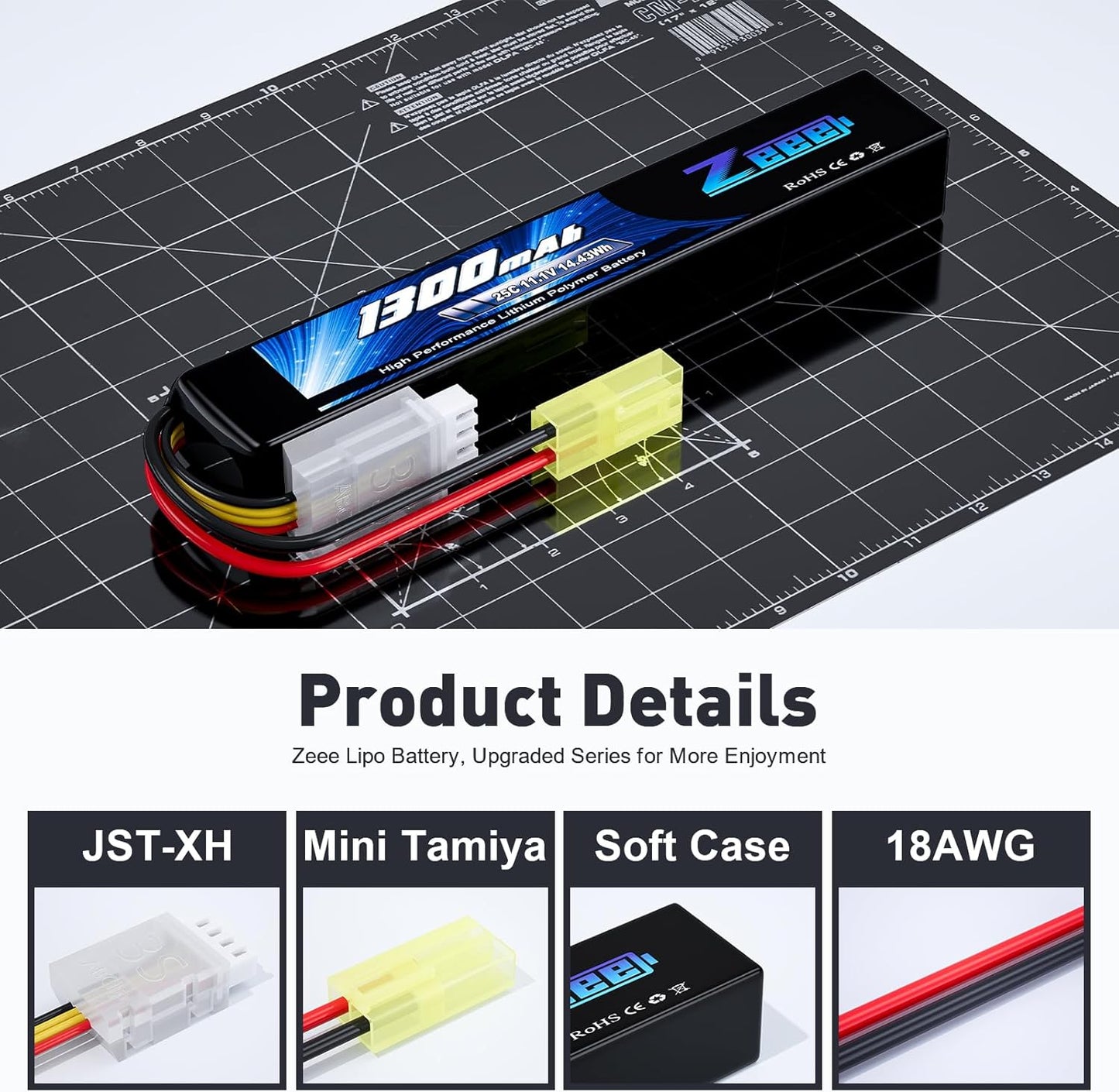 Zeee 3S Airsoft Lipo Battery - 1300mAh 11.1V 25C Stick Battery with Mini Tamiya Connector