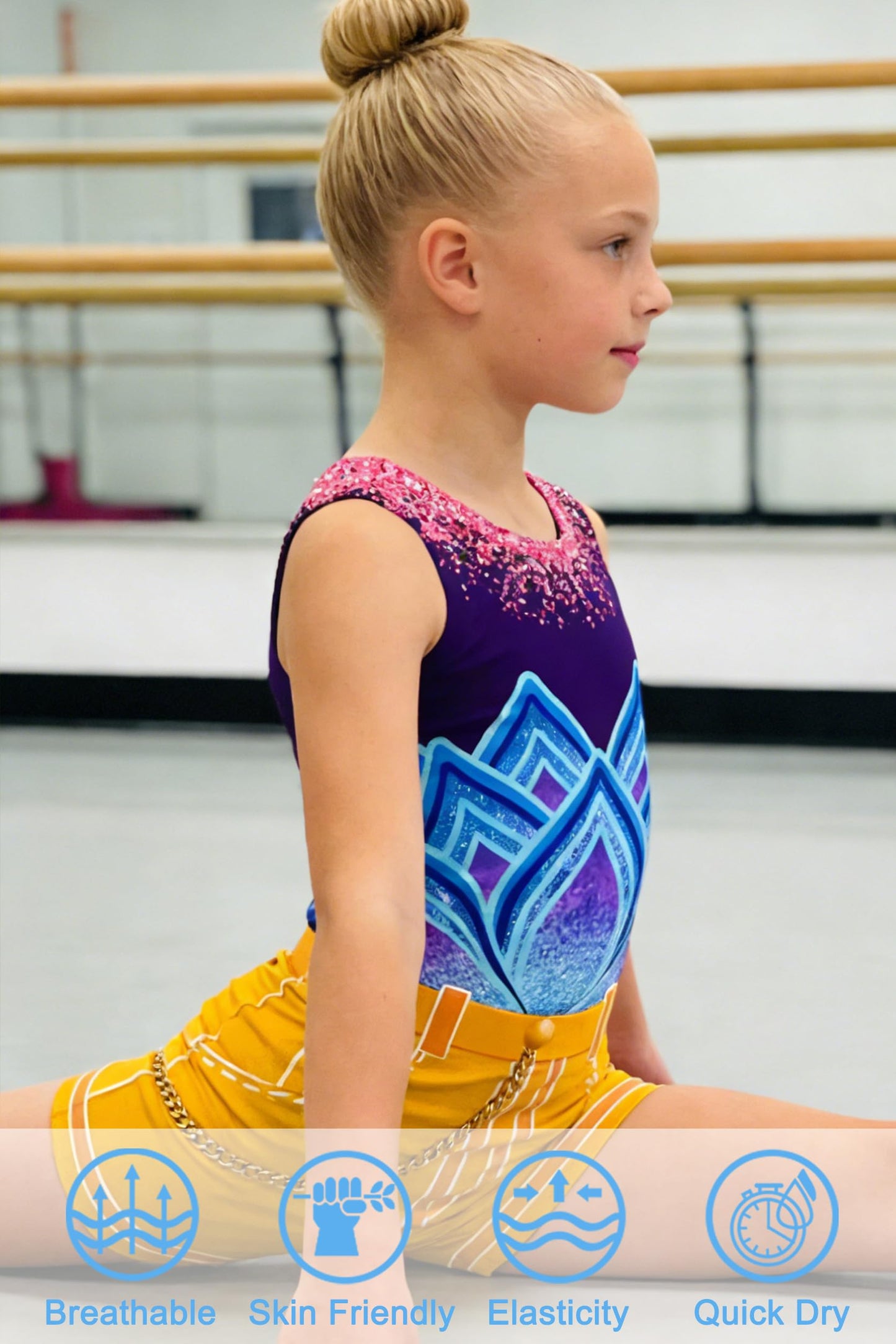 Funnycokid Gymnastics Leotards for Girls Dance Sparkly Unitard with Shorts, Lotus blue, 7-8 Years