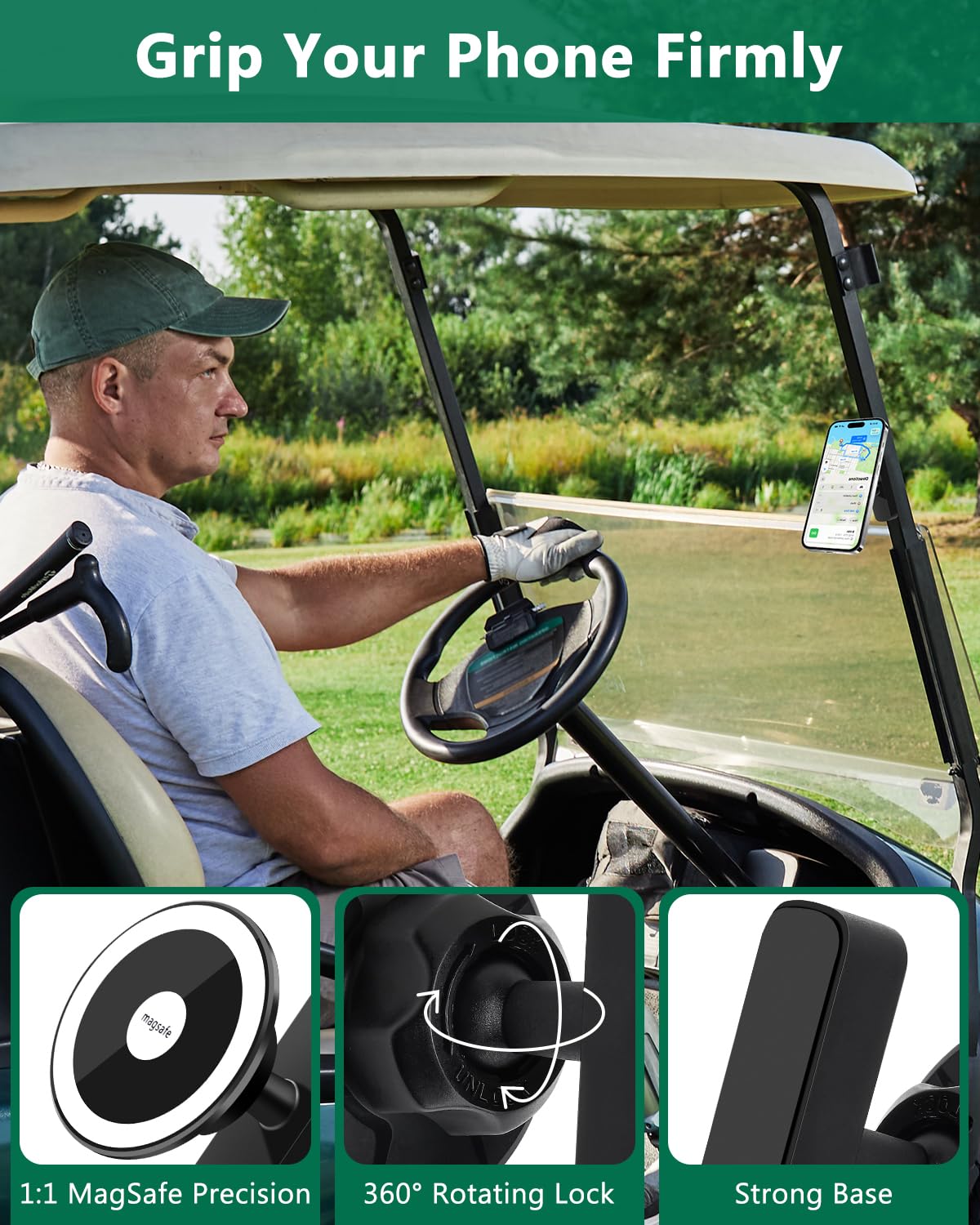 weini Golf Cart Phone Holder Magnetic, Equipped with 20X N52 Dual Magnets, 360° Rotation, Compatible with Brands Such As EZGO/Clubcar/Yamaha/Icon for Golf Carts,Designed Specifically for Golfers.