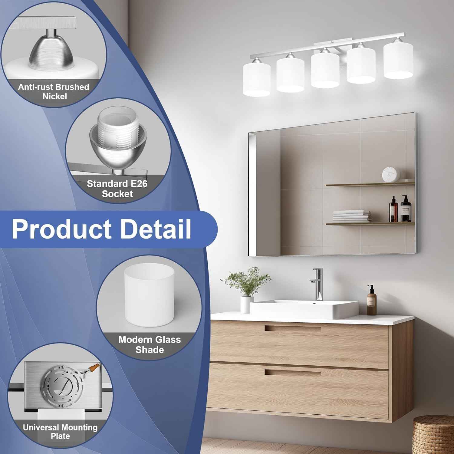 Modern 4-Light Bathroom Vanity Light Fixture - Anti-Rust Over Mirror Sconce with Milky White Glass Shades, E26 Base