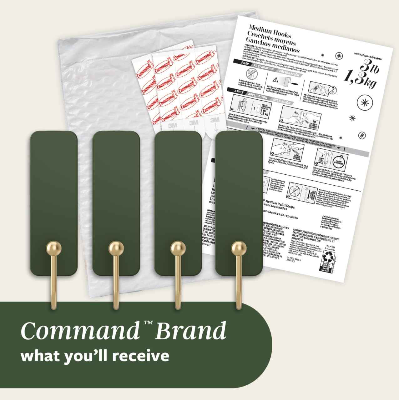 Command Medium Rosemary Wall Hooks, 4 Coat Hooks and 6 Command Strips, Damage-Free Hanging with Adhesive, No Tools Great for Hanging Home Decor, Holds up to 3 lb