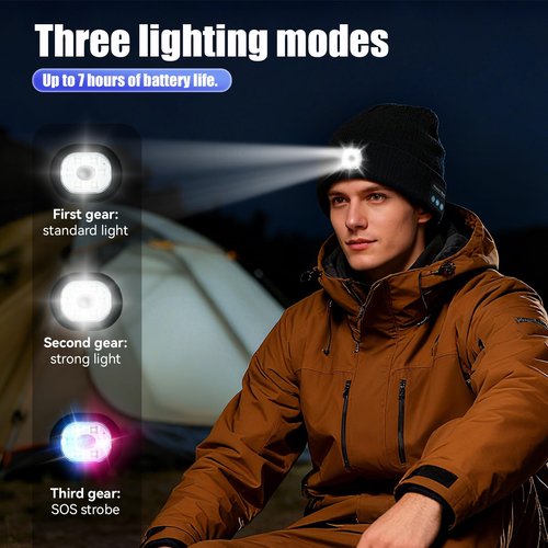 Bluetooth Beanie Hat with Light, Headlamp Cap with Headphones and Built-in Speaker Mic, Gifts for Men Women Husband Him Black