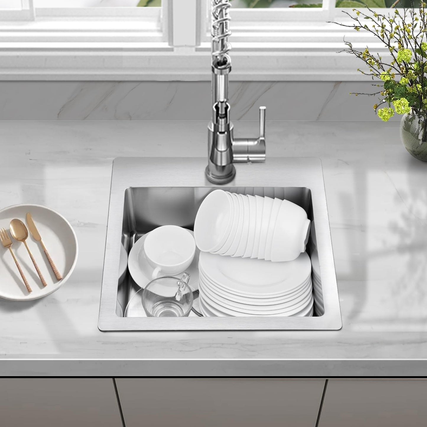 LBTBDBN 15x15 inch Small Kitchen Sink - Drop In Bar Sink for RV, Wet Bar & Compact Spaces, Brushed Stainless Steel 18 Gauge Topmount Single Bowl Utility Sink