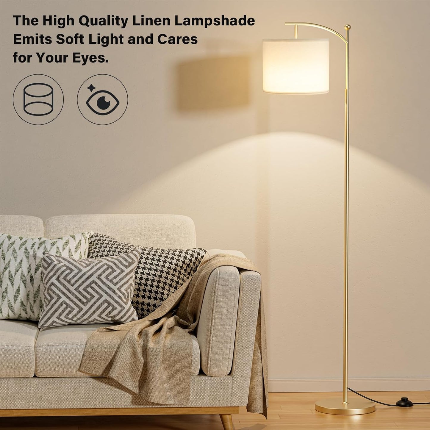 Modern 60" Floor Lamp with Remote Control & Dimmable LED Bulb - Beige Shade, Adjustable Brightness for Living Room
