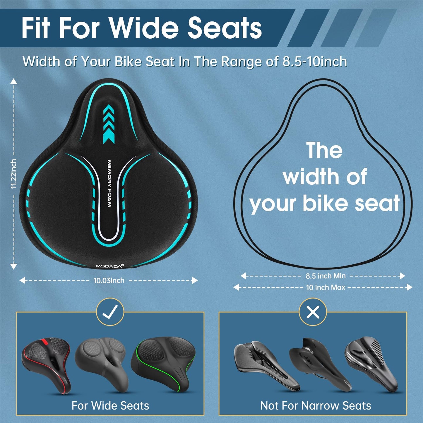 MSDADA New Large Gel Bike Seat Cover, Extra Soft Bike Seat Cushion for Men Women Comfort Wide, Fits Indoor/Outdoor/Exercise Bikes,Light Blue(11inch x 10 inch)