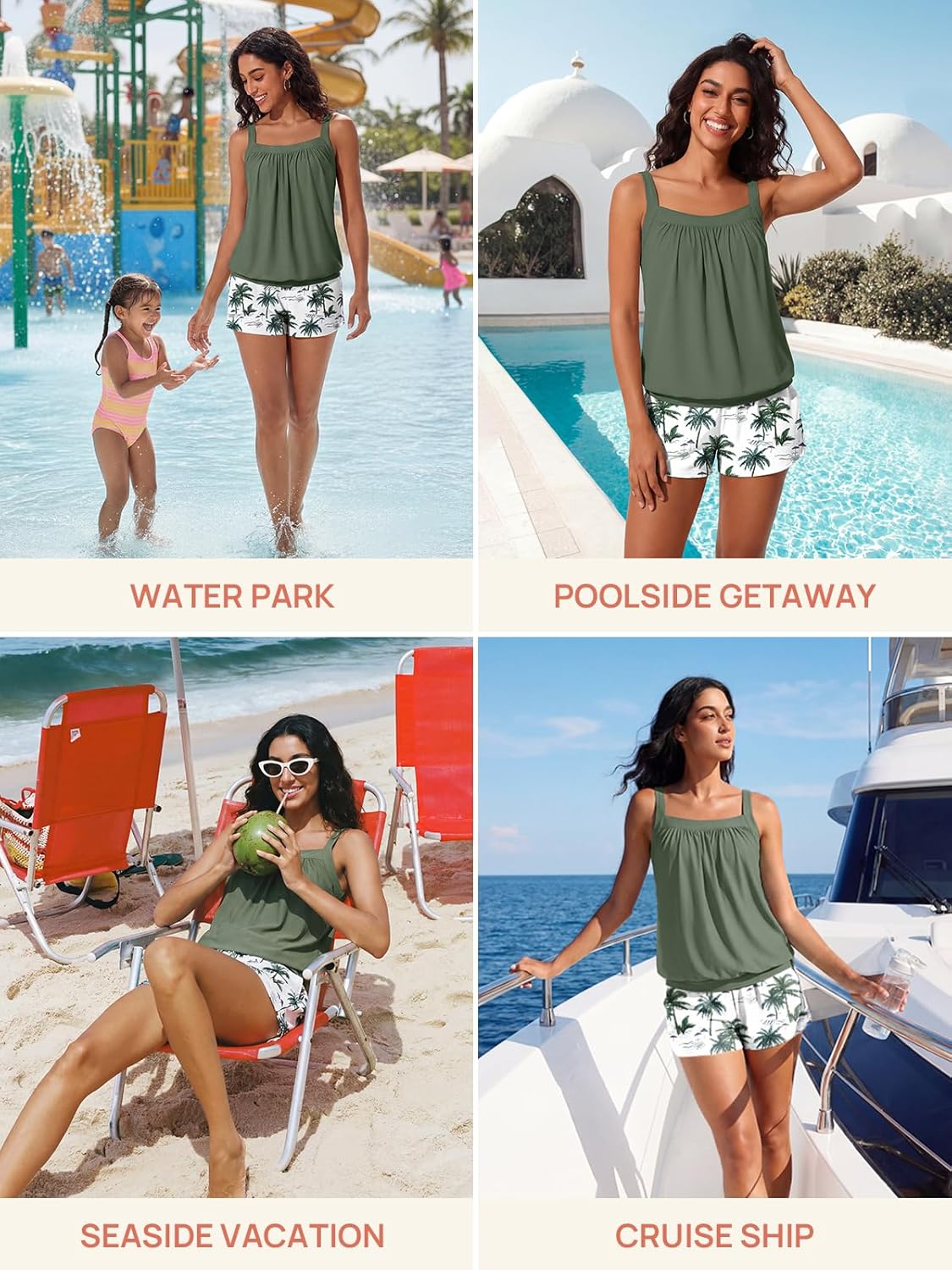 Summer Mae Blouson Womens Tankini Swimsuits 2026 Modest Tummy Control Bathing Suits Swim Shorts with Pockets for Beach