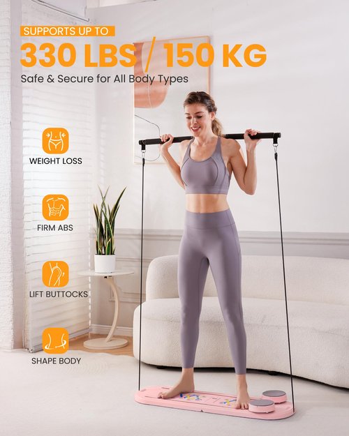 OutdoorMaster Pilates Board, 6 in 1 Pilates Reformer Set, Foldable Pilates Reformer Machine with Resistance Bands & Ab Traine, Portable Pilates Board for Full-Body Workouts (Pink)